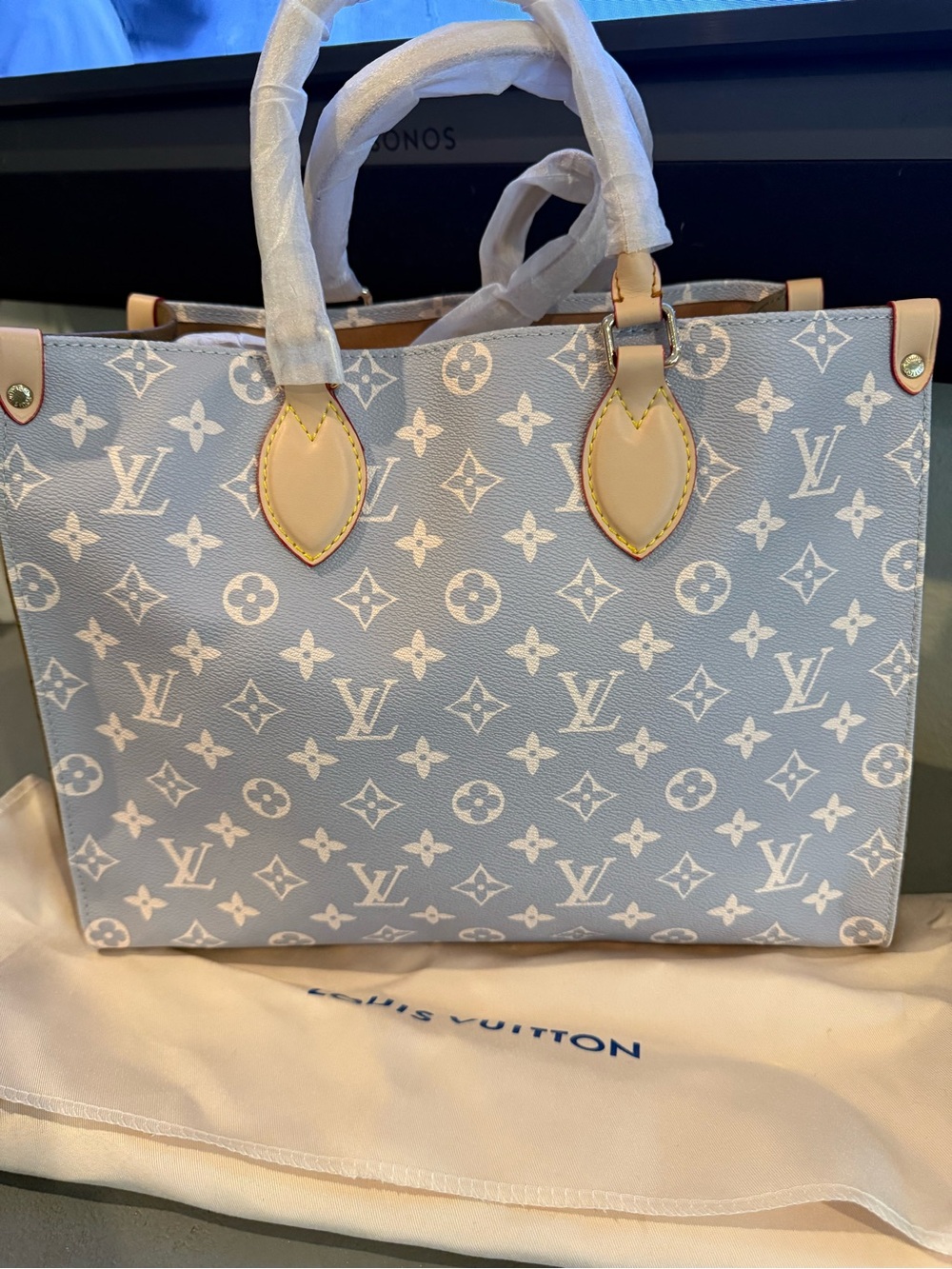 Designer INSPIRED On the Go Light Blue & Tan Monogram Canvas Tote